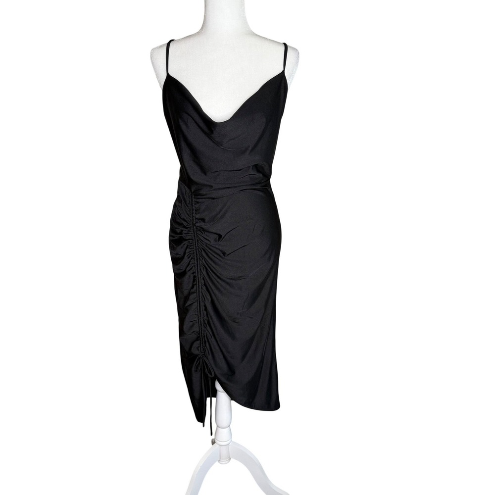 New E.L.H. Studio Dress Women's L Black Cowl Neck Ruched Bodycon Midi Slip Dress